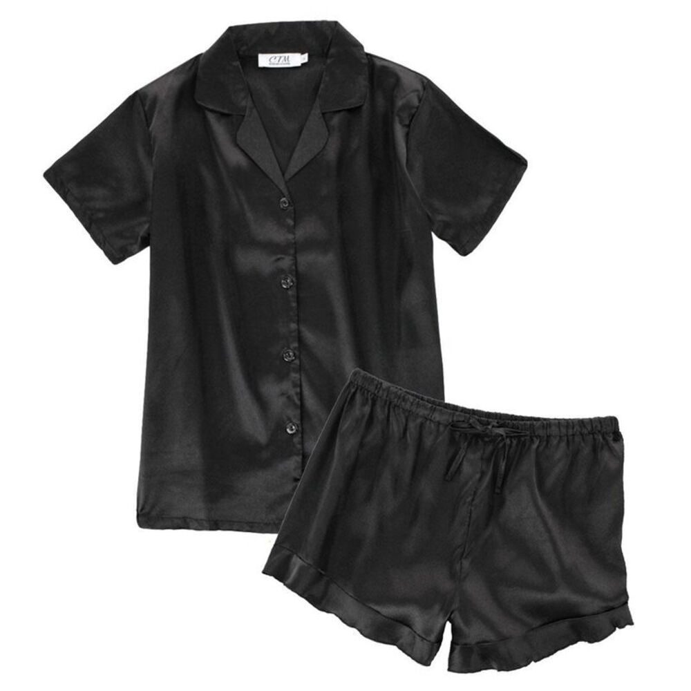 CTM Women's Notched Collar Satin Short Sleeve Pajama Set